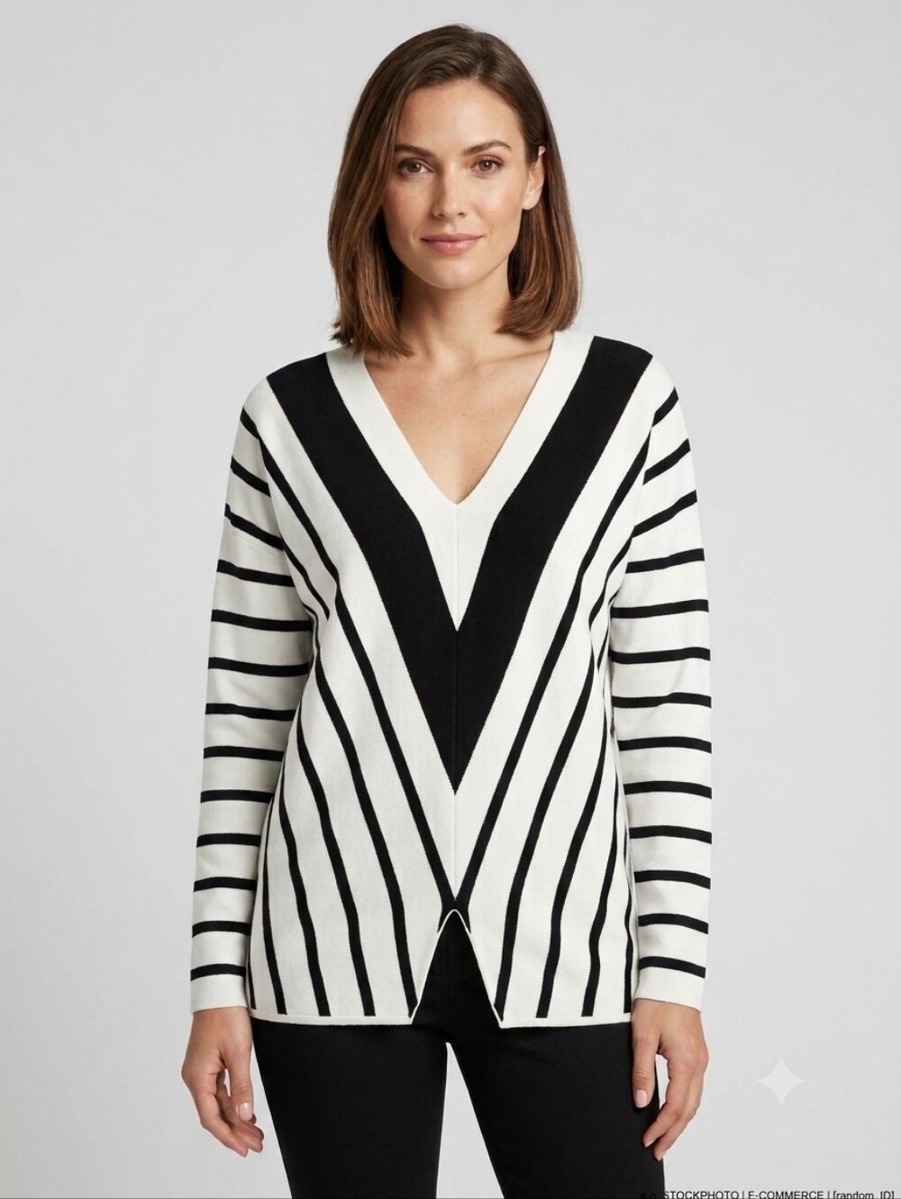 Madeleine V-Neck Black & White Stripe Sweater, Size Medium Approx